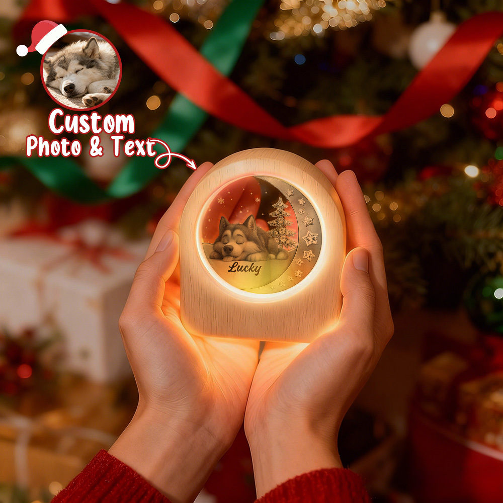 Luz Nocturna De Cristal Con Foto De Mascota Personalizada - Base De Madera Con Luz Led, Regalo Único Para Pareja, Mascotas Y Cumpleaños - santacalcetines