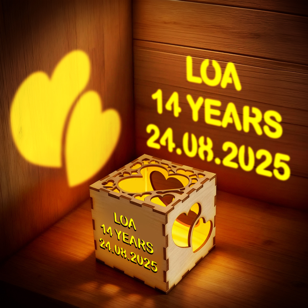 Cubo De Luz Nocturna De Madera Con Proyección Personalizada Para San Valentín: Nombre, Edad Y Fecha Personalizados | Lámpara De Memoria Con Forma De Corazón, Regalo Para Aniversarios - santacalcetines