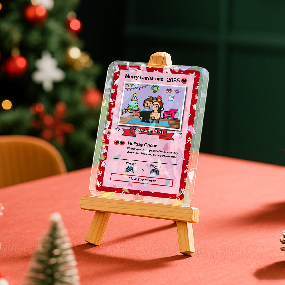 Tarjeta De Feliz Navidad Personalizada Para La Familia. Convierte Tu Foto En Una Tarjeta Única De Colección Estilo Pixel Man. Regalo De Navidad. - santacalcetines