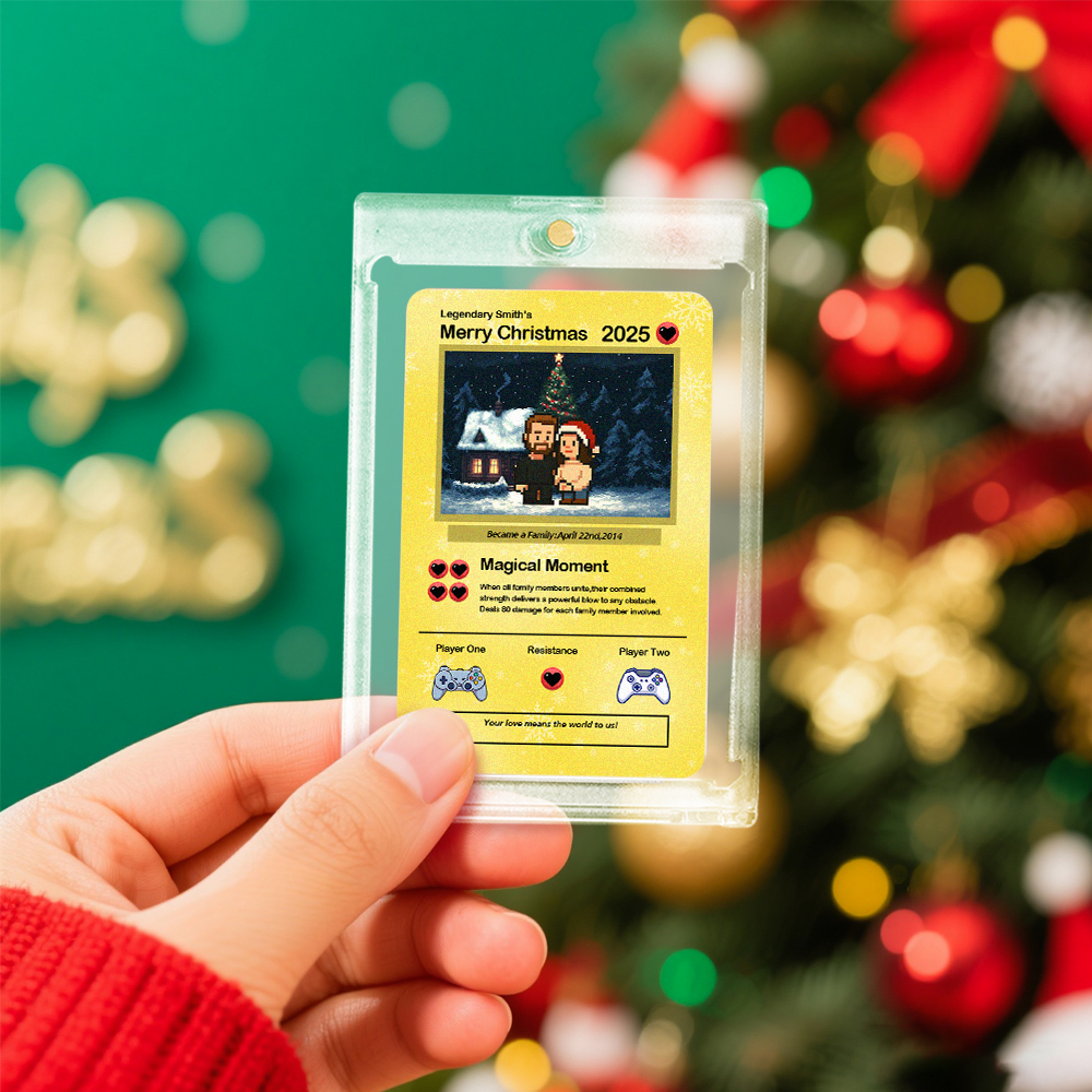 Tarjeta De Feliz Navidad Personalizada Para La Familia. Convierte Tu Foto En Una Tarjeta Única De Colección Estilo Pixel Man. Regalo De Navidad. - santacalcetines