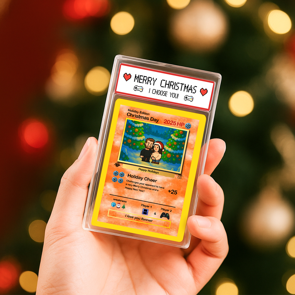 Tarjeta De Feliz Navidad Personalizada Para La Familia. Convierte Tu Foto En Una Tarjeta Única De Colección Estilo Pixel Man. Regalo De Navidad. - santacalcetines