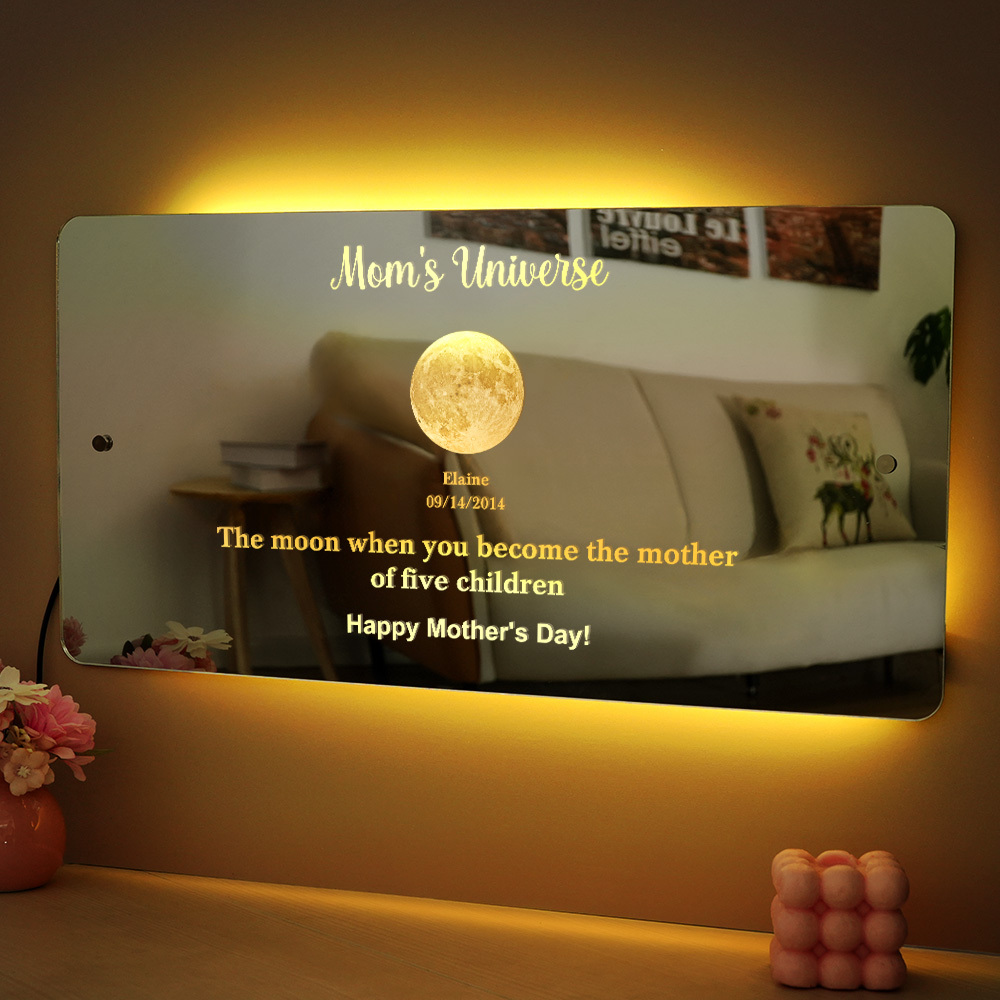 Marco De Espejo Con Luz Led Personalizado Mom's Universe Con Texto Y Fecha, Regalo Para El Día De La Madre - santacalcetines