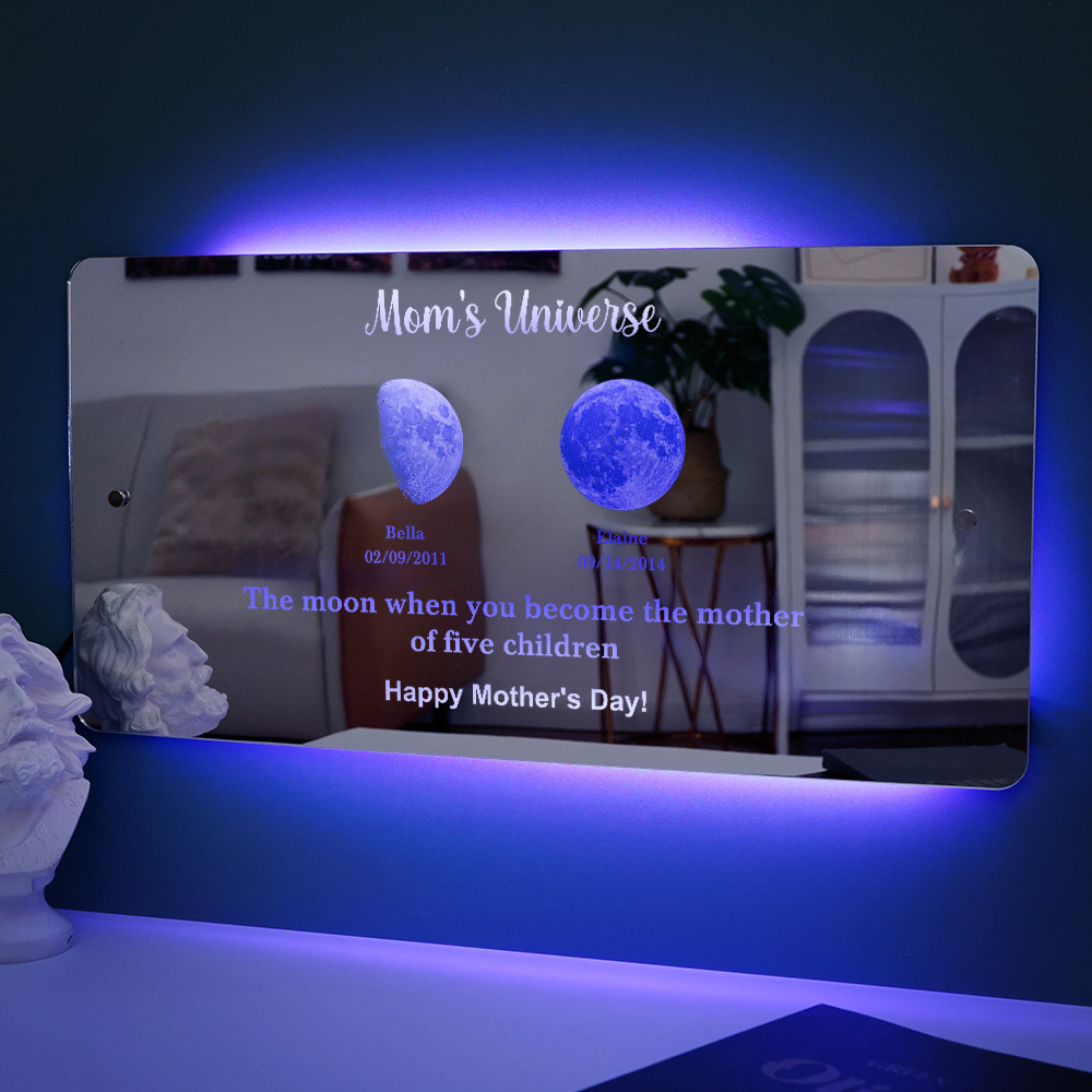 Marco De Espejo Con Luz Led Personalizado Mom's Universe Con Texto Y Fecha, Regalo Para El Día De La Madre - santacalcetines