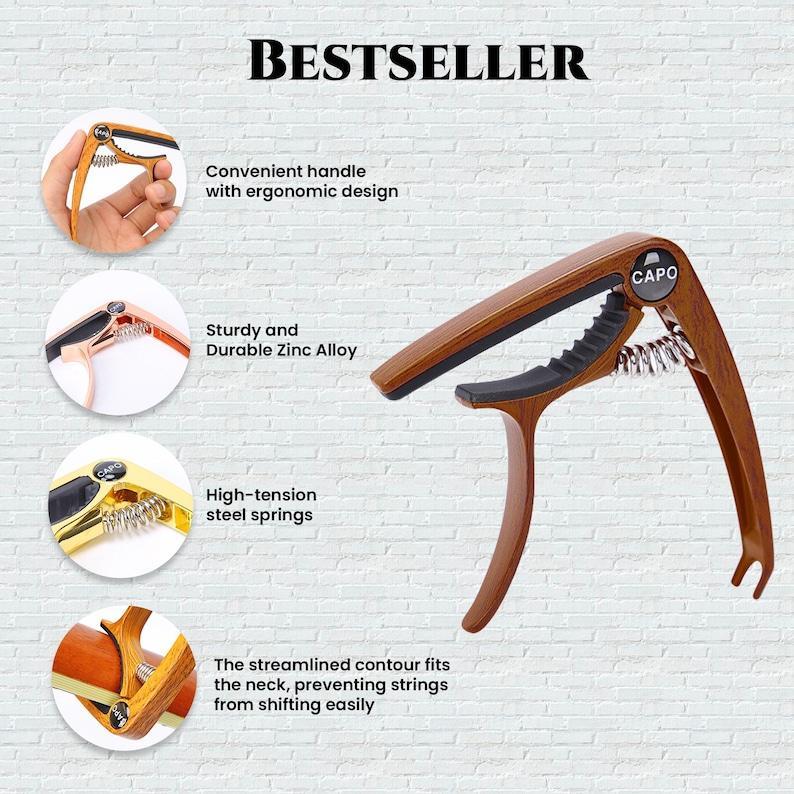 Cejilla De Guitarra Metálica Personalizada Grabada Con Nombre - Regalo Musical Para Papá. Cejilla Personalizada Para Tocar La Guitarra Con Veta De Madera. - santacalcetines