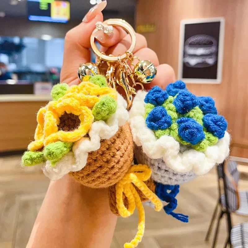 Precioso Llavero Con Ramo De Lana Tejido, Diseño De Girasol, Colgante Para Bolso, Regalo De Graduación. - santacalcetines