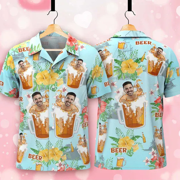 Camisa Hawaiana Con Cara Personalizada, Estampado De Cerveza, Camisa De Playa Aloha Personalizada, Regalo De Fiesta Para Hombres - santacalcetines