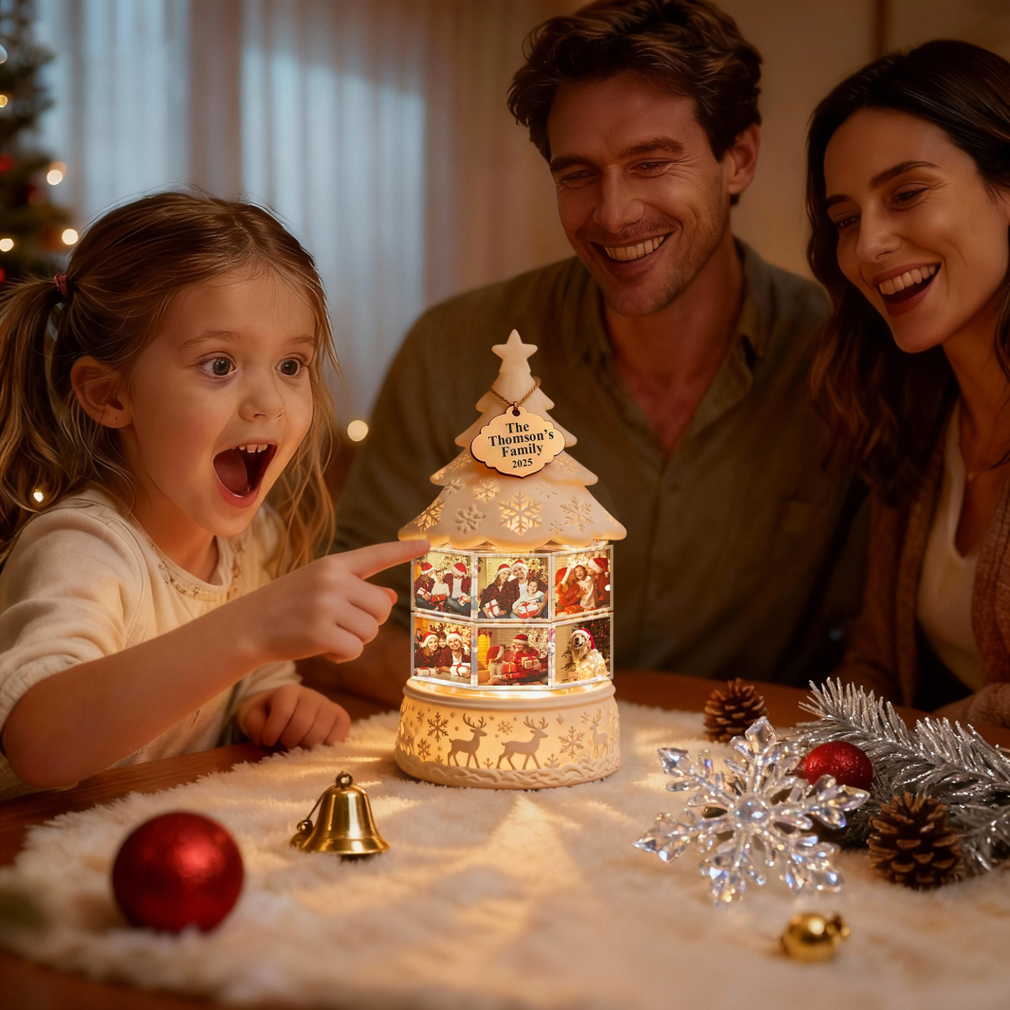 Luce Notturna Rotante Personalizzata Con Più Foto, Carillon Inciso, Lampada Ricordo Di Famiglia, Luce Natalizia A Bottiglia, Luce Per Albero Di Natale, Regalo Di Natale - mymoonlampit