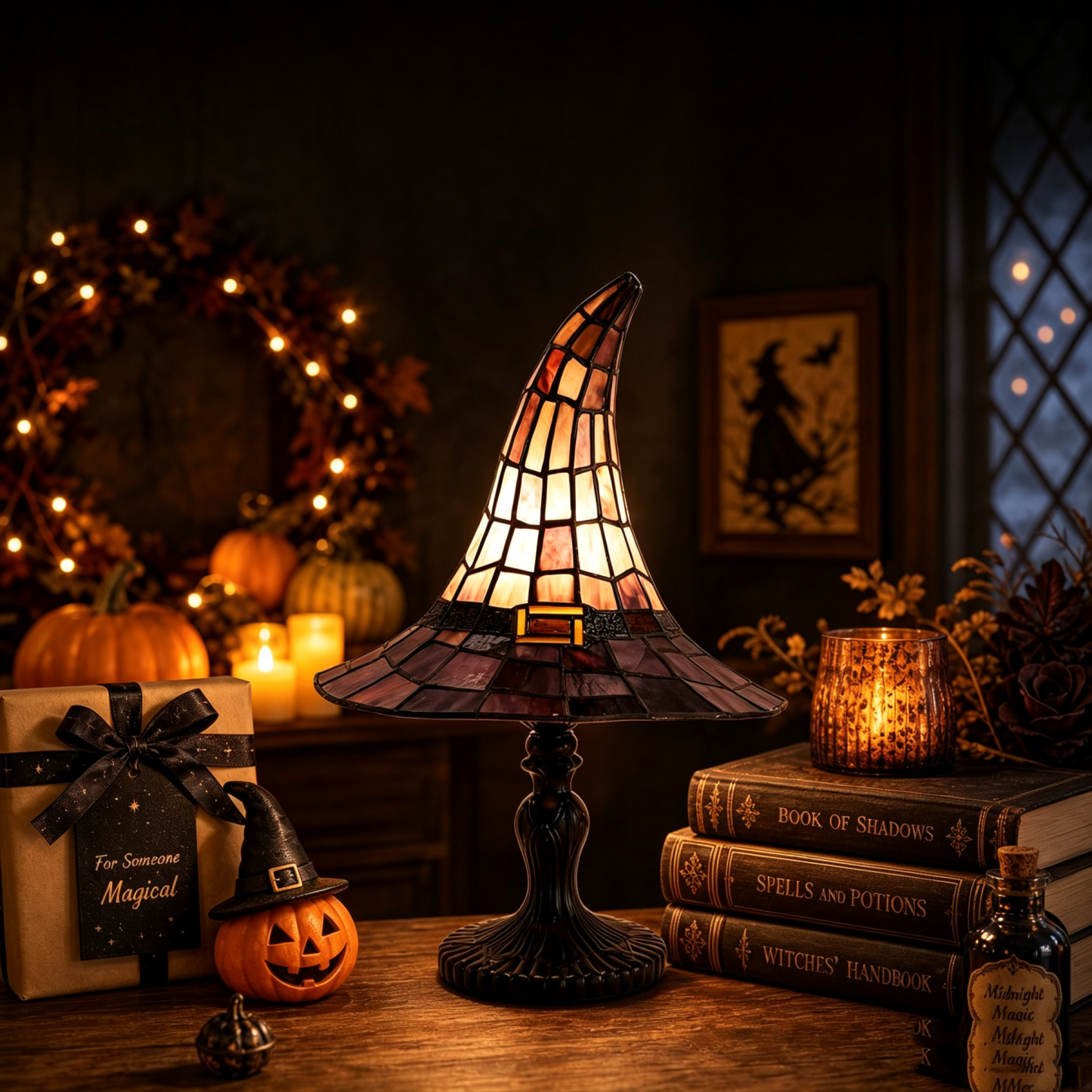 Lampada Per Cappello Da Strega In Vetro Colorato, Lampada Da Tavolo Decorativa In Resina, Luce Notturna Per Cappello Da Strega Di Halloween, Lampada Per Accenti Di Decorazioni Per La Casa Fantasy - mymoonlampit