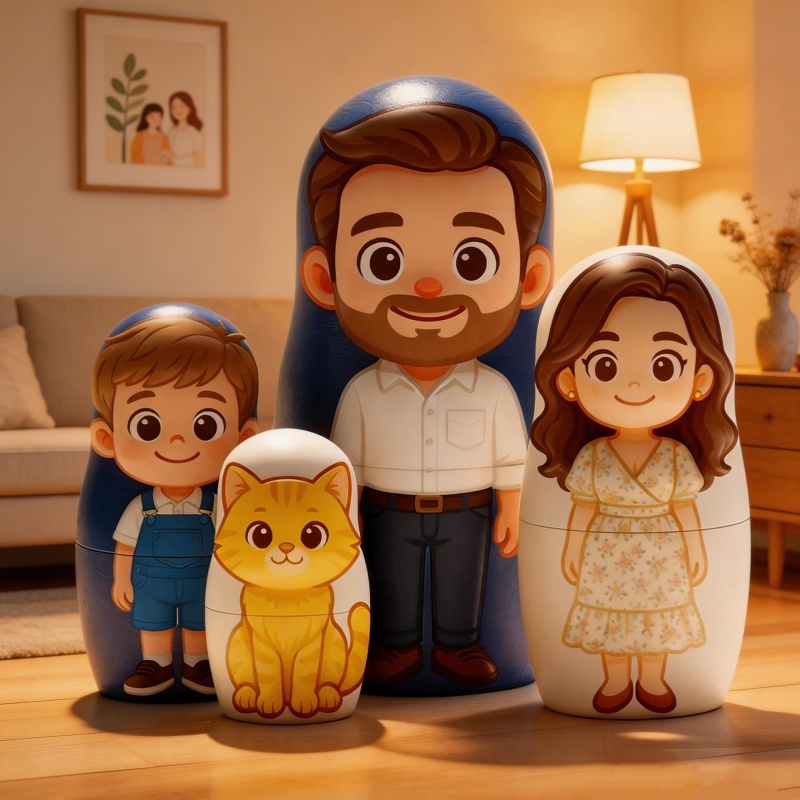 Ritratto di bambola russa personalizzato, foto personalizzata, ritratto di famiglia, stile cartone animato, bellissima idea regalo per la famiglia
