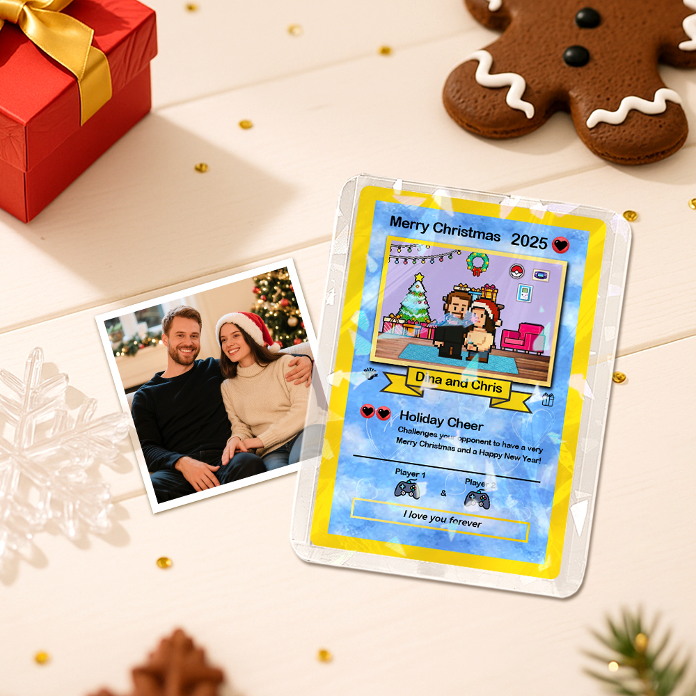 Biglietto Di Auguri Di Natale Personalizzato, Regalo Per La Famiglia. Trasforma La Tua Foto In Un Biglietto Unico Da Collezione In Stile Pixel Man. Regalo Di Natale. - mymoonlampit