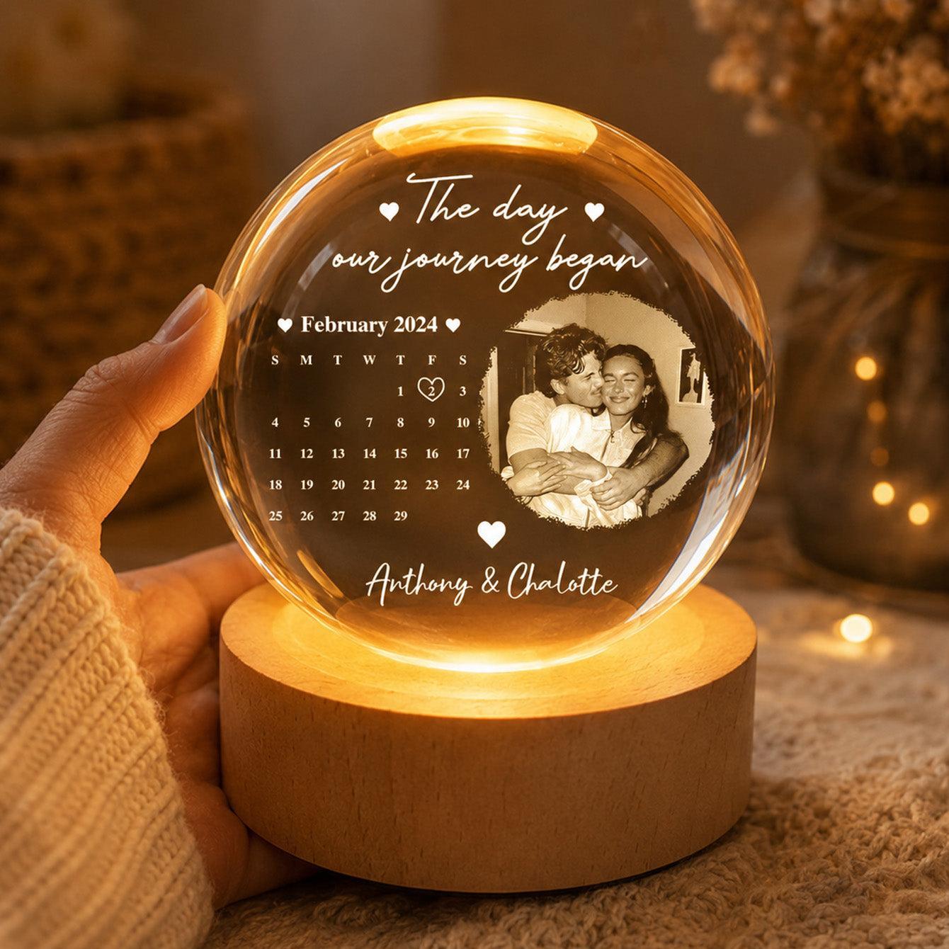 Foto Personalizzata Il Nostro Viaggio è Iniziato Luce Notturna Con Calendario - Luce Notturna LED Personalizzata Con Sfera Di Cristallo - Dolce Amore Per Coppia, Moglie, Marito - mymoonlampit