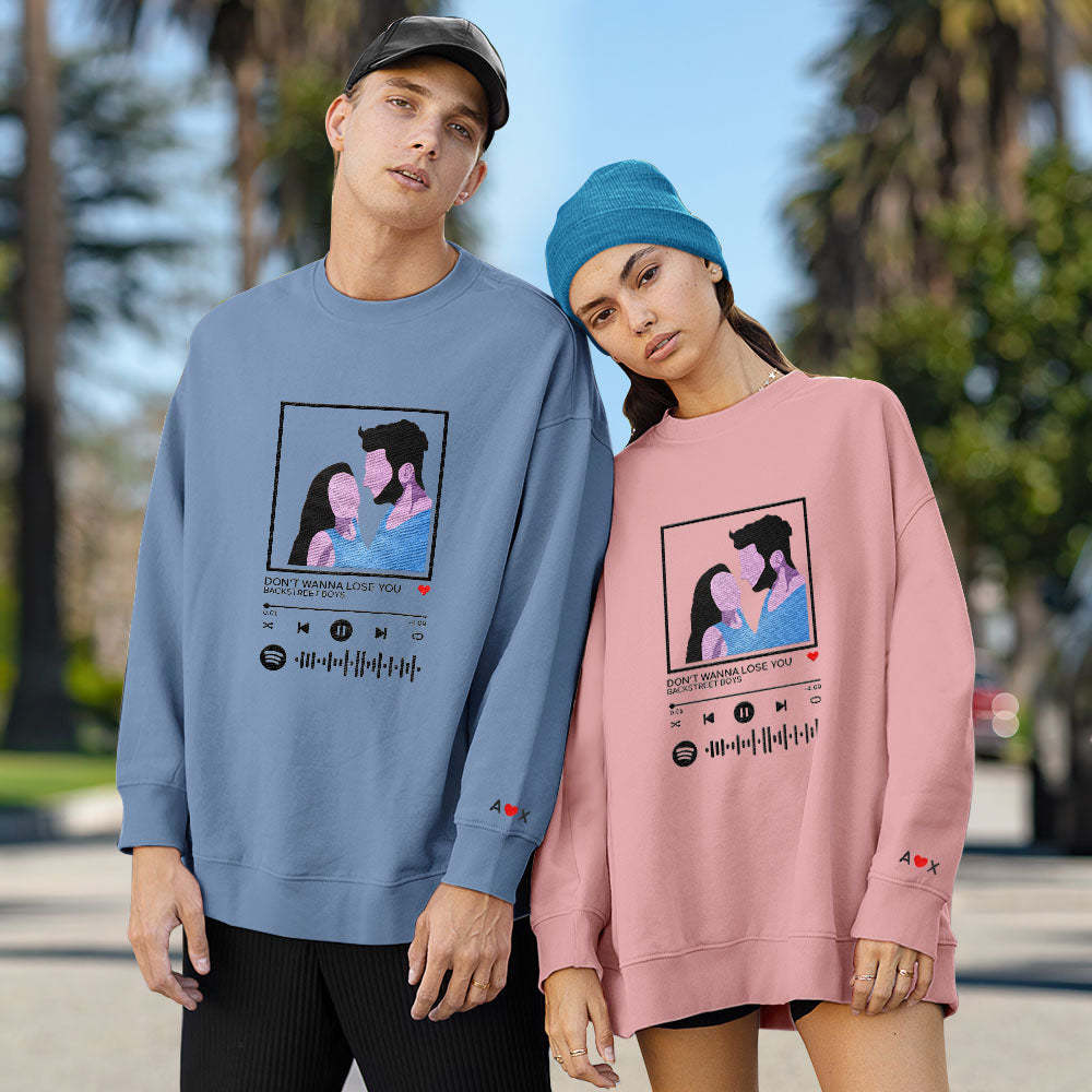 Felpa Con Cappuccio E Ricamo Con Codice Spotify Scansionabile, Felpa Con Collo Rotondo E Immagine Dei Cartoni Animati, Lettore Musicale, Regalo Per Coppie - mymoonlampit