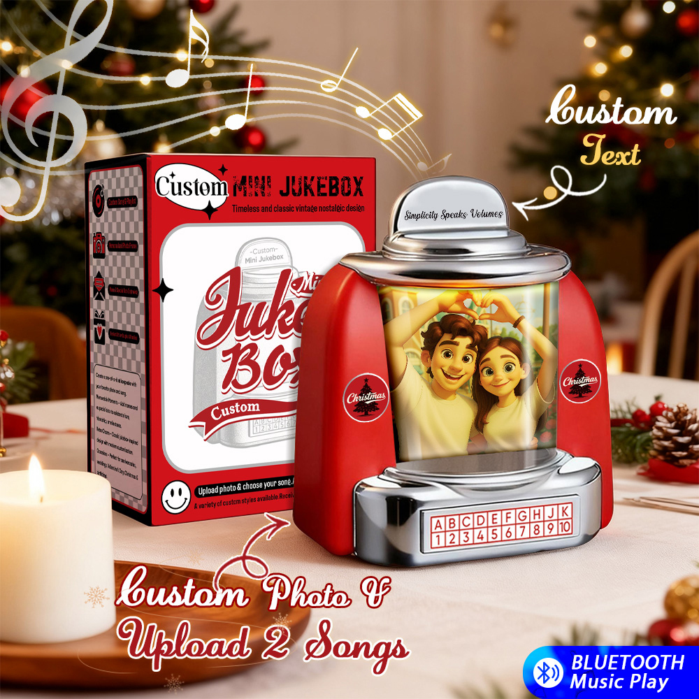 Mini Jukebox Retro Speaker Personalizzato - Foto Personalizzata In Stile Pixar E Mini Lettore Da 2 Canzoni Con Radio | Decorazione Da Tavolo Vintage Per La Casa, Regalo Nostalgico - mymoonlampit