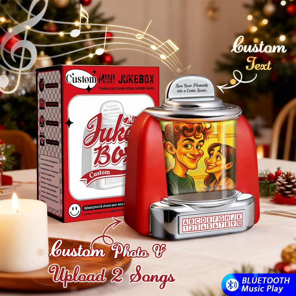 Mini Jukebox Retro Speaker Personalizzato - Foto Personalizzata In Stile Pixar E Mini Lettore Da 2 Canzoni Con Radio | Decorazione Da Tavolo Vintage Per La Casa, Regalo Nostalgico - mymoonlampit