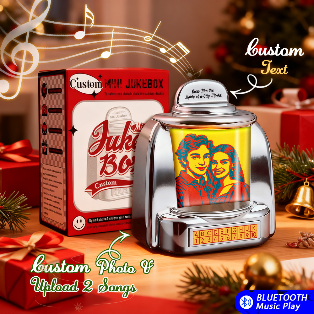 Mini Jukebox Retro Speaker Personalizzato - Foto Personalizzata In Stile Pixar E Mini Lettore Da 2 Canzoni Con Radio | Decorazione Da Tavolo Vintage Per La Casa, Regalo Nostalgico - mymoonlampit