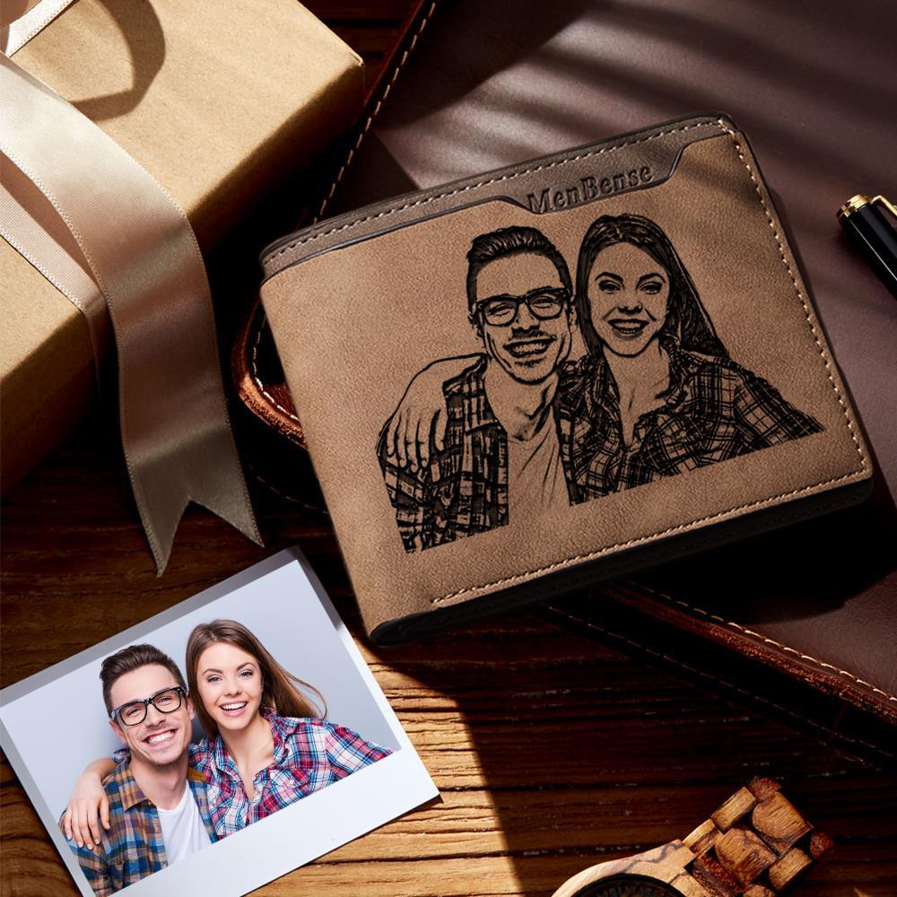 Regali Per Lui Portafoglio Corto Bifold Da Uomo Personalizzato Con Foto Incisa Marrone - fotolampadaluna