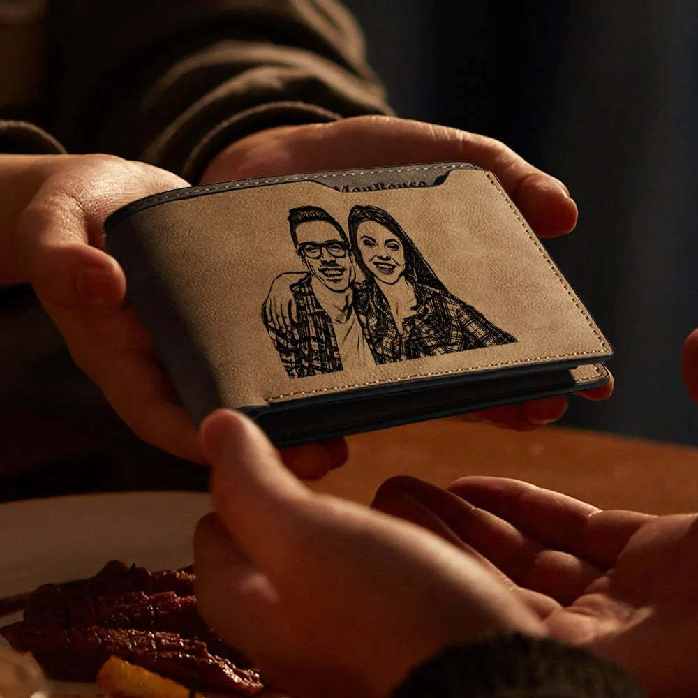 Regali Per Lui Portafoglio Corto Bifold Da Uomo Personalizzato Con Foto Incisa Marrone - fotolampadaluna