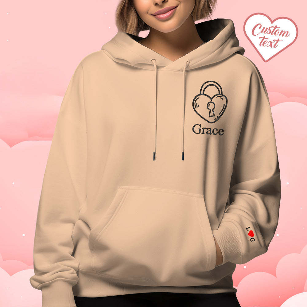 Felpa Con Cappuccio Personalizzata Con Testo Ricamato, Set Di Coppia Con Chiave E Lucchetto A Forma Di Cuore - mymoonlampit