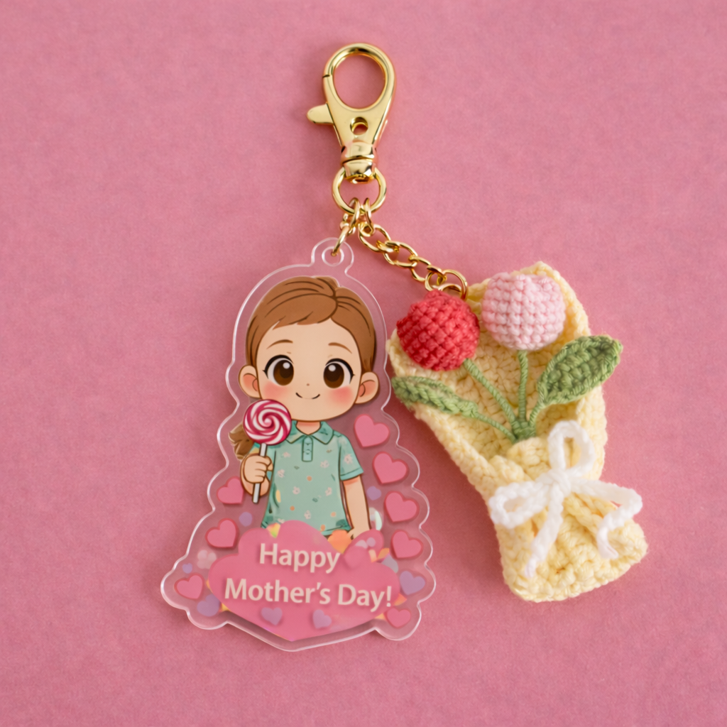 Portachiavi Regalo Per La Festa Della Mamma | Simpatico Ciondolo In Acrilico Con Bouquet Di Garofani All'uncinetto Fatto A Mano | Un Regalo Dolce E Premuroso - mymoonlampit
