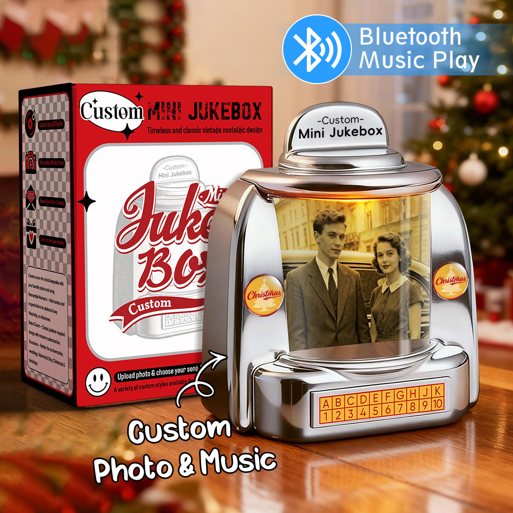 Mini Jukebox Retro Speaker Personalizzato - Mini Lettore Musicale Con Foto, Nomi E Data Personalizzati Con Radio Musicale Bluetooth | Decorazione Da Tavolo Vintage Per La Casa, Regalo Nostalgico - mymoonlampit