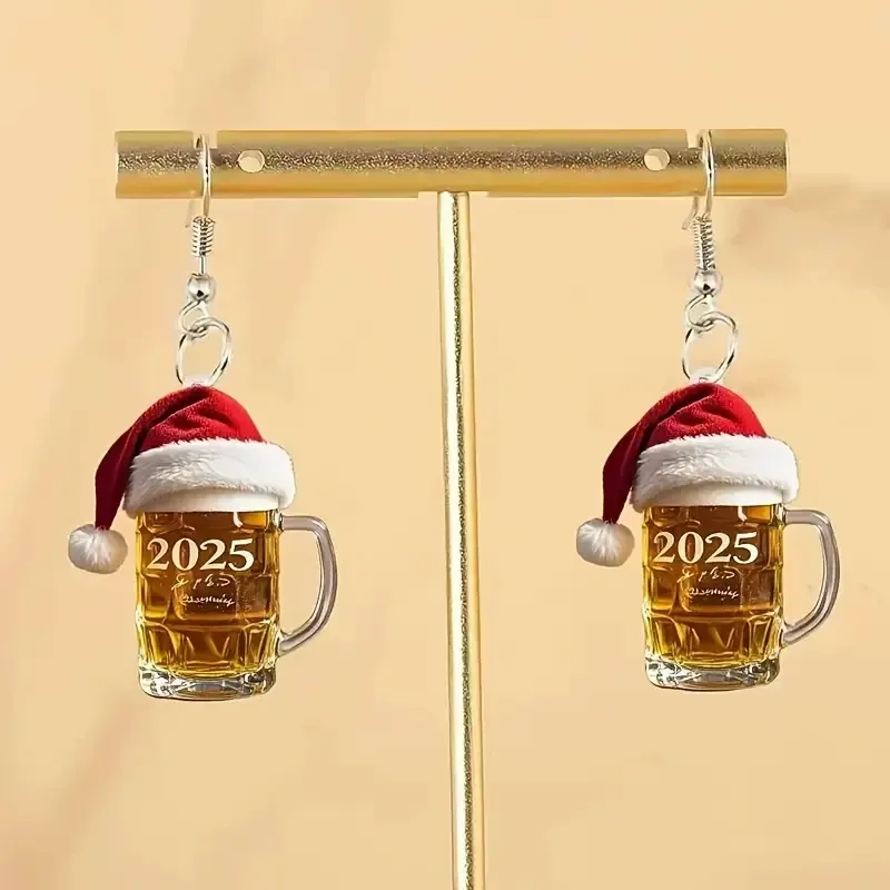 Orecchini In Acrilico A Forma Di Boccale Di Birra Di Natale 2025 Orecchini In Acrilico A Forma Di Boccale Di Birra Con Cappello Di Babbo Natale - mymoonlampit