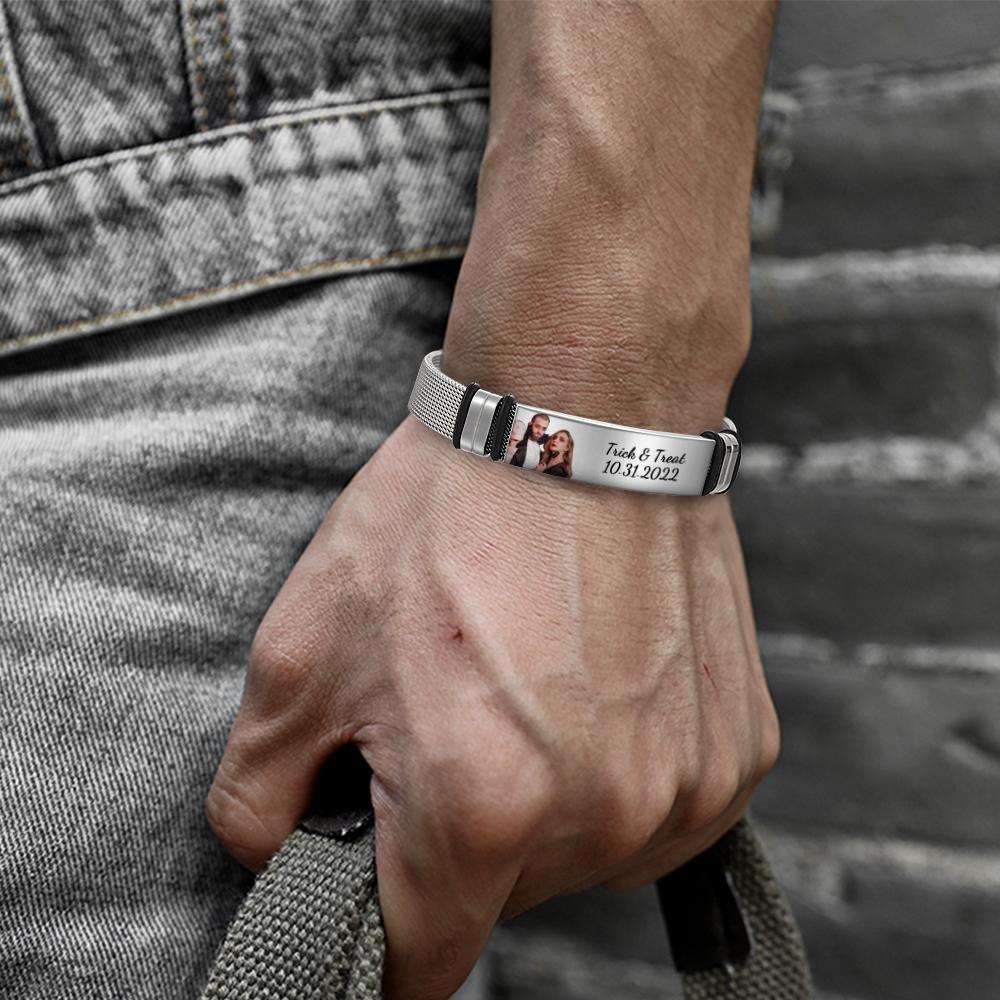 Bracciale Da Uomo Personalizzato In Acciaio Inossidabile, Regalo Di Anniversario Per Personalizzare Il Tuo Regalo Di Halloween Per Una Data Speciale - fotolampadaluna