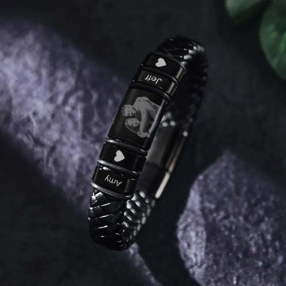 Bracciale Da Uomo Con Foto Personalizzata Incisa, Braccialetto In Pelle, Regali Per Lui - fotolampadaluna