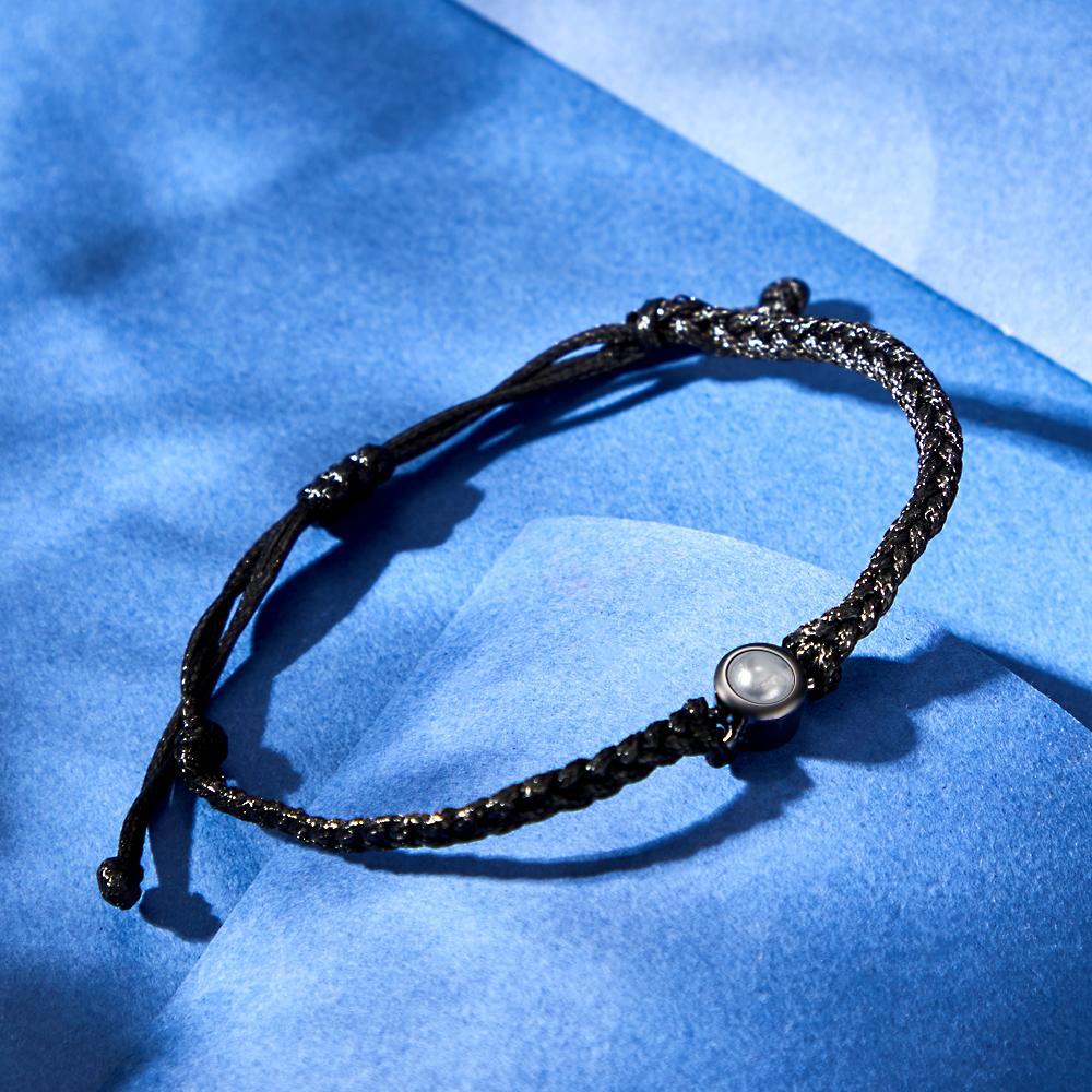 Bracciale Per Coppia Con Proiezione Fotografica Personalizzata, Braccialetto In Corda Nera Intrecciata, Regalo Per Genitori E Nonni - fotolampadaluna