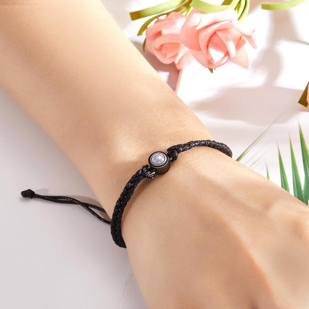 Bracciale Per Coppia Con Proiezione Fotografica Personalizzata, Braccialetto In Corda Nera Intrecciata, Regalo Per Genitori E Nonni - fotolampadaluna