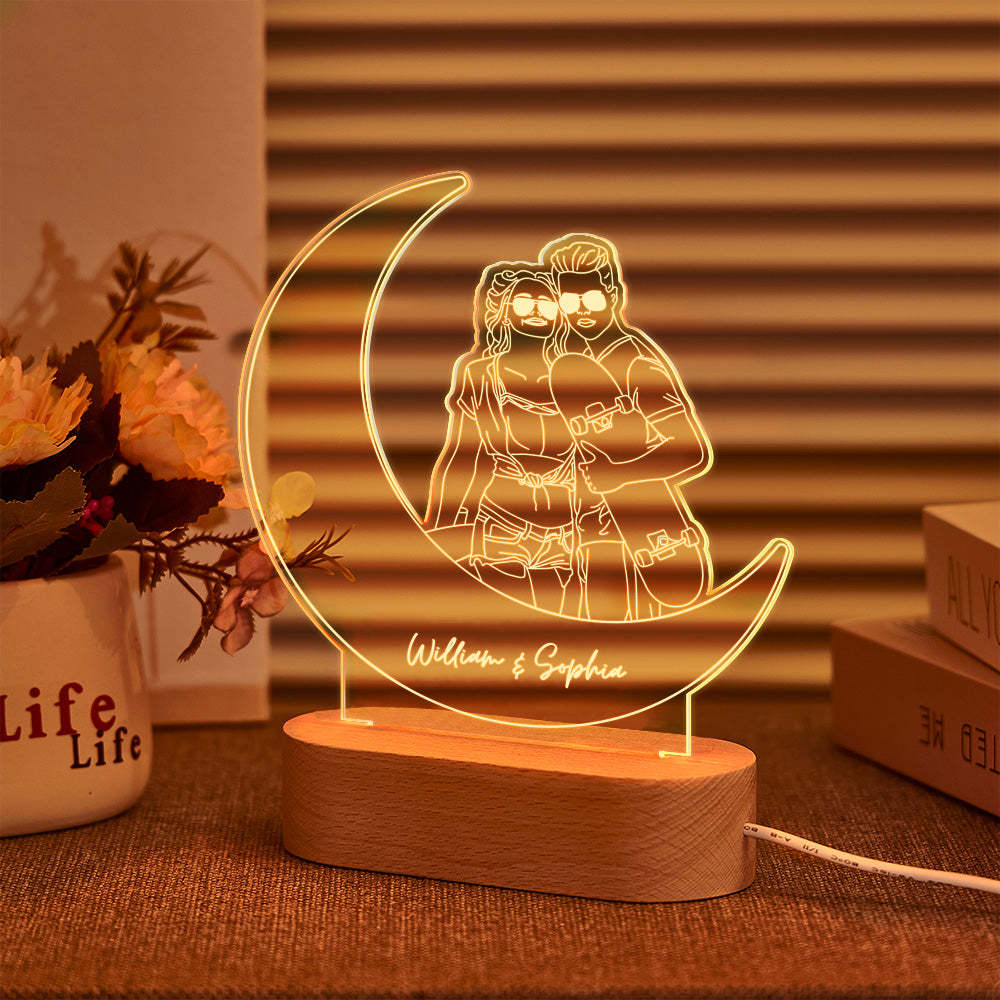 Lampada Fotografica Con Ritratto Personalizzato, Luce Notturna, Linea Lunare, Regalo Per L'amante - mymoonlampit