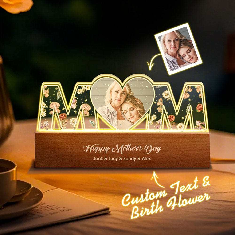 Lampada Con Lettera Personalizzata, Foto Personalizzata, Fiore Di Nascita, Luce Notturna, Regalo Per La Festa Della Mamma - mymoonlampit