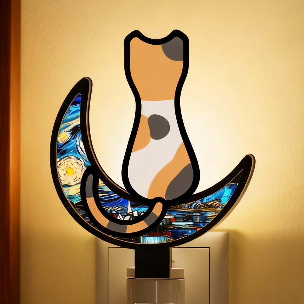 Luce Notturna Personalizzabile A Forma Di Gatto In Acrilico Con Sfondo Stellato E Luna - Lampada Notturna A Led Con Spina Per L'arredamento Della Camera Da Letto - mymoonlampit