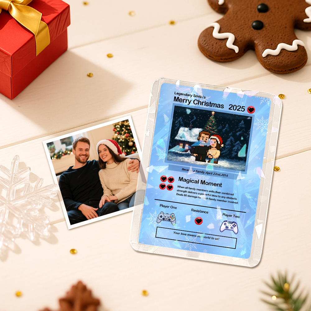 Biglietto Di Auguri Di Natale Personalizzato, Regalo Per La Famiglia. Trasforma La Tua Foto In Un Biglietto Unico Da Collezione In Stile Pixel Man. Regalo Di Natale. - mymoonlampit