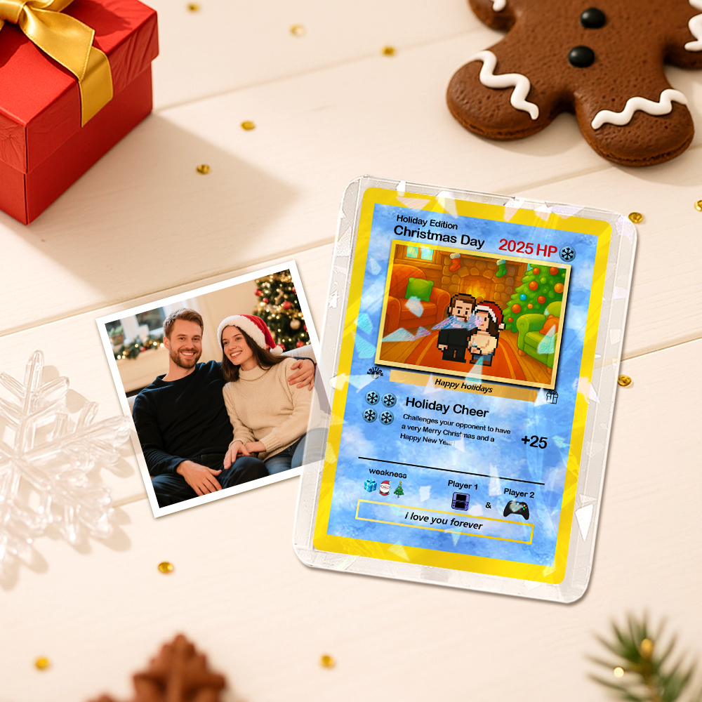 Biglietto Di Auguri Di Natale Personalizzato, Regalo Per La Famiglia. Trasforma La Tua Foto In Un Biglietto Unico Da Collezione In Stile Pixel Man. Regalo Di Natale. - mymoonlampit