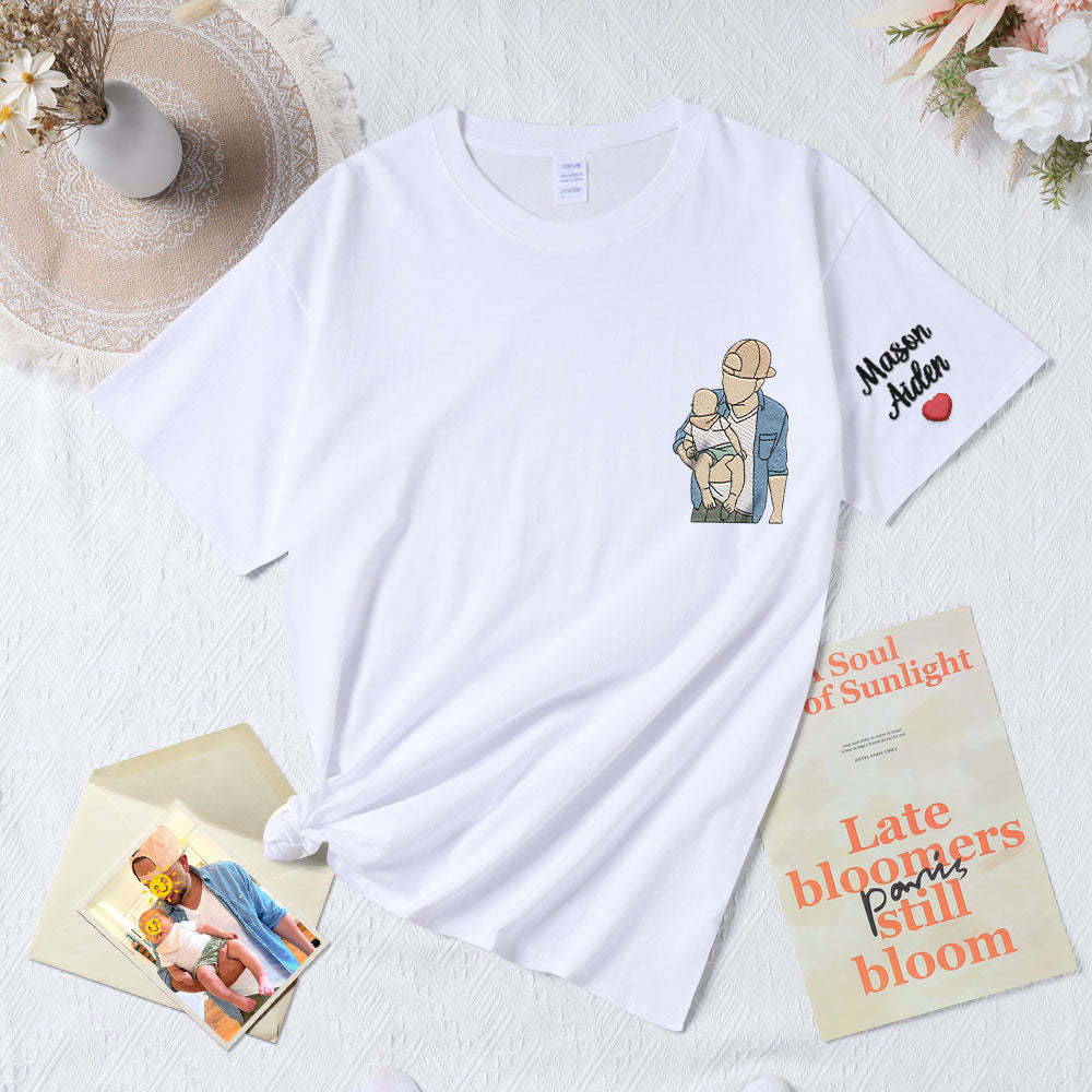 Maglietta Personalizzata Ricamata Per La Festa Del Papà, Maglietta Con Foto Del Papà, Regalo Ricamato Per Padre E Figlio Per La Festa Del Papà - mymoonlampit
