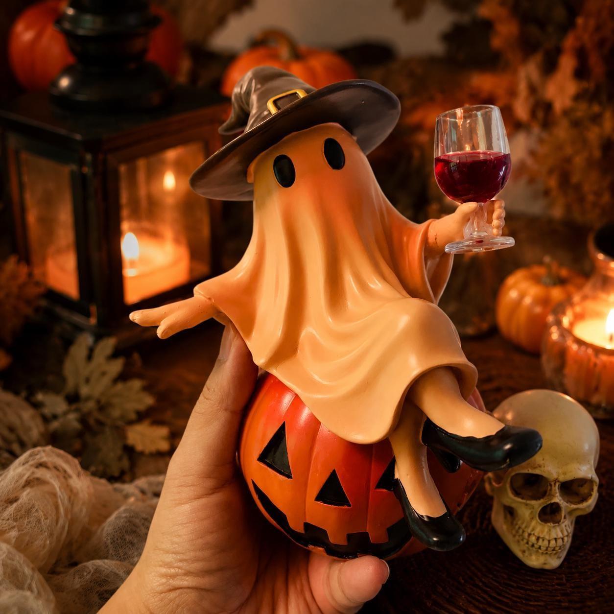 Statua Di Fantasma Di Halloween Con Bicchiere Di Vino - Decorazione Spettrale Per La Casa, Feste E Regali - mymoonlampit