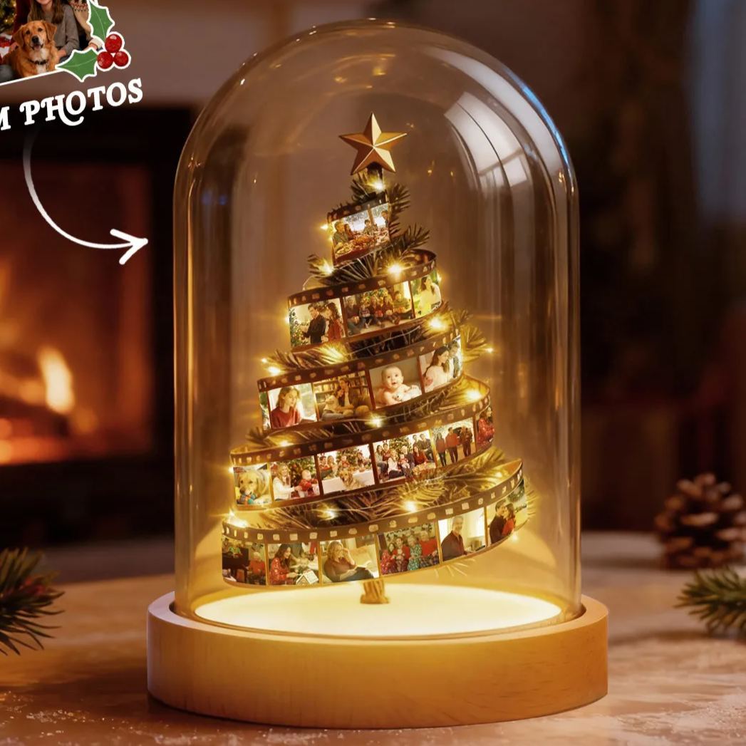 Pellicola Fotografica Personalizzata, Albero Di Natale, Luce Notturna, Ricordo Di Famiglia Personalizzato Con Base Incisa, Regalo Di Natale - mymoonlampit
