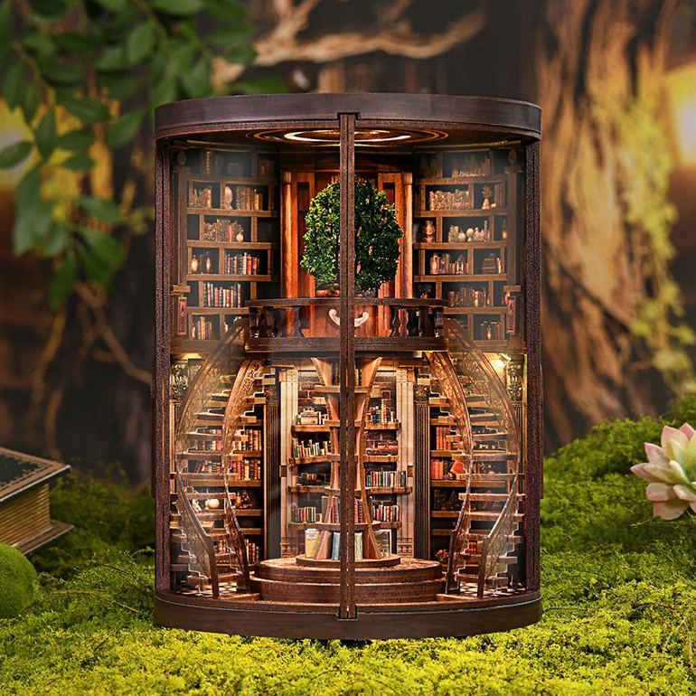 Kit Puzzle 3d Fai Da Te In Legno 'anelli Della Saggezza' - Libreria Rotonda In Miniatura Illuminata A Led, Regalo Creativo Fatto A Mano (alimentato A Batteria)
