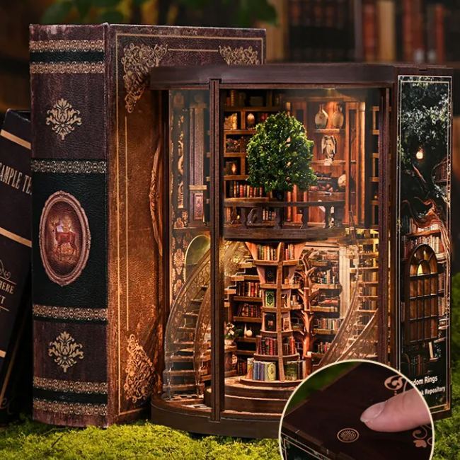 Kit Puzzle 3d Fai Da Te In Legno 'anelli Della Saggezza' - Libreria Rotonda In Miniatura Illuminata A Led, Regalo Creativo Fatto A Mano (alimentato A Batteria) - mymoonlampit