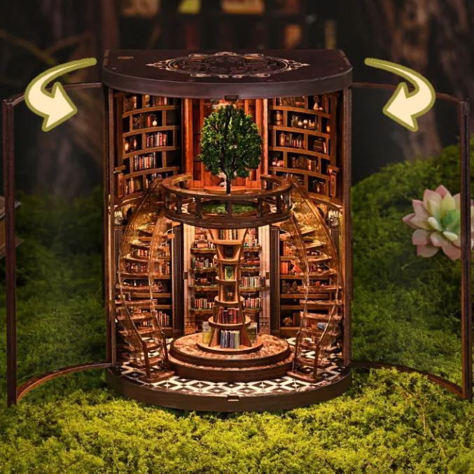 Kit Puzzle 3d Fai Da Te In Legno 'anelli Della Saggezza' - Libreria Rotonda In Miniatura Illuminata A Led, Regalo Creativo Fatto A Mano (alimentato A Batteria) - mymoonlampit