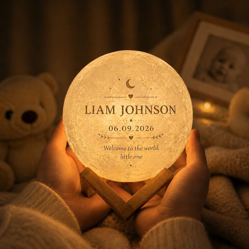 Lampada Lunare Personalizzata Per Neonato Con Foto Del Bambino E Dettagli Sulla Nascita – Luce Notturna Con Calendario Lunare Inciso Personalizzato, Regalo Ricordo Per L'annuncio Della Nascita Del Bambino - mymoonlampit