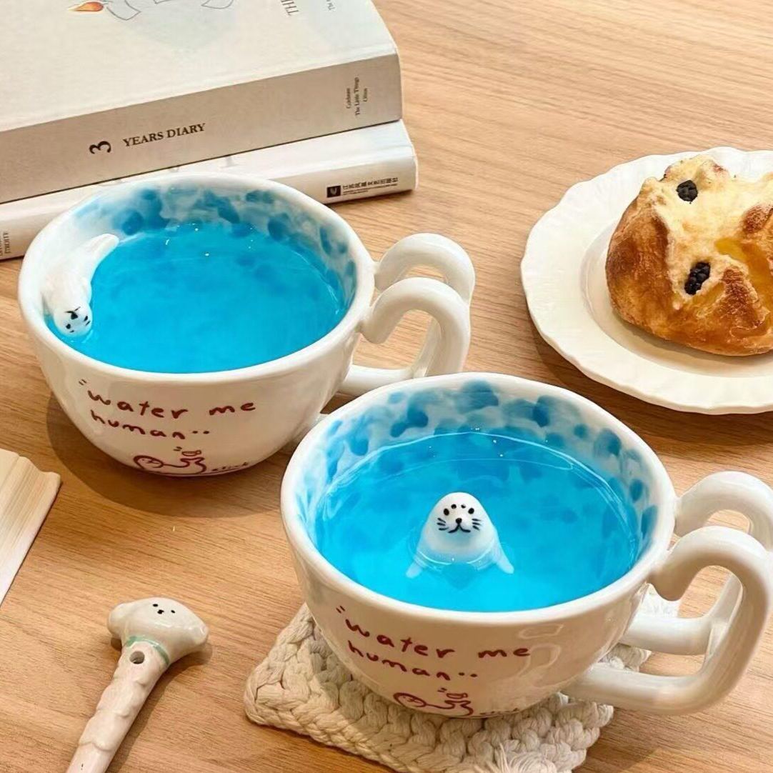 Cartoon Piscina Nuoto Sigillo Tazza Tazza In Ceramica Simpatica Colazione Creativa Caffè Latte Animazione Tazza Periferica - mymoonlampit