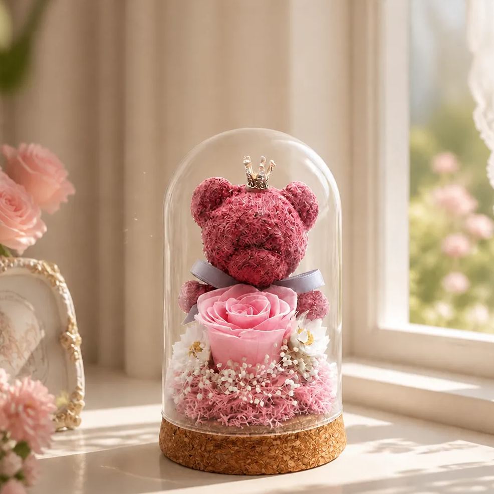 Cupola In Vetro Con Orsetto Muschioso E Rosa Eterna – Regalo Romantico Per Festival, Decorazione Floreale Stabilizzata, Regalo Per San Valentino, Compleanno E Festa Della Mamma - mymoonlampit