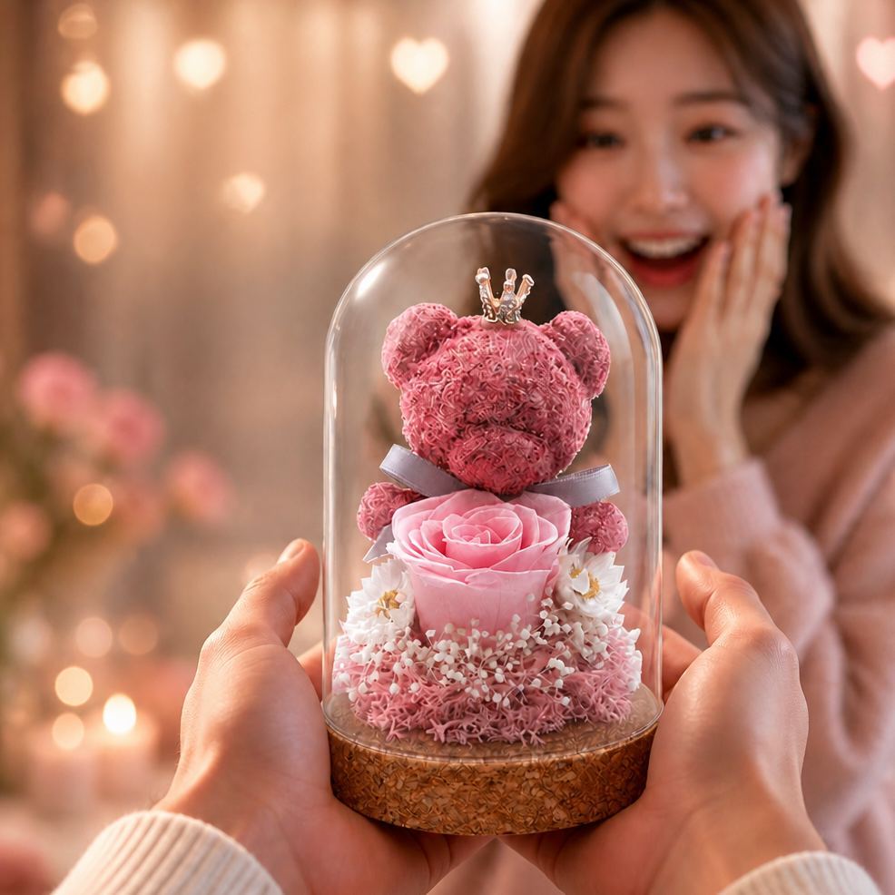 Cupola In Vetro Con Orsetto Muschioso E Rosa Eterna – Regalo Romantico Per Festival, Decorazione Floreale Stabilizzata, Regalo Per San Valentino, Compleanno E Festa Della Mamma - mymoonlampit
