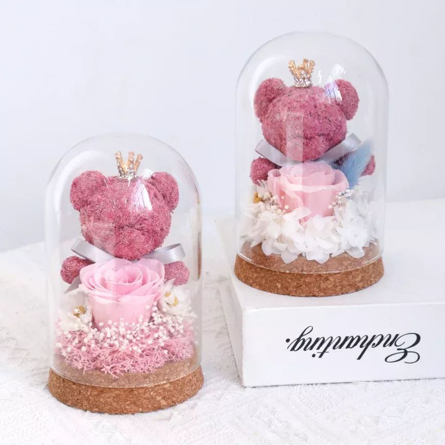 Cupola In Vetro Con Orsetto Muschioso E Rosa Eterna – Regalo Romantico Per Festival, Decorazione Floreale Stabilizzata, Regalo Per San Valentino, Compleanno E Festa Della Mamma - mymoonlampit