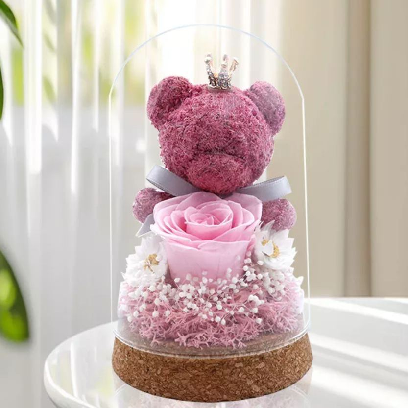 Cupola In Vetro Con Orsetto Muschioso E Rosa Eterna – Regalo Romantico Per Festival, Decorazione Floreale Stabilizzata, Regalo Per San Valentino, Compleanno E Festa Della Mamma - mymoonlampit