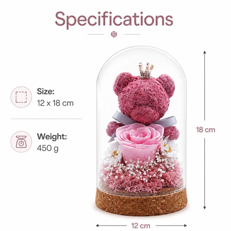 Cupola In Vetro Con Orsetto Muschioso E Rosa Eterna – Regalo Romantico Per Festival, Decorazione Floreale Stabilizzata, Regalo Per San Valentino, Compleanno E Festa Della Mamma - mymoonlampit