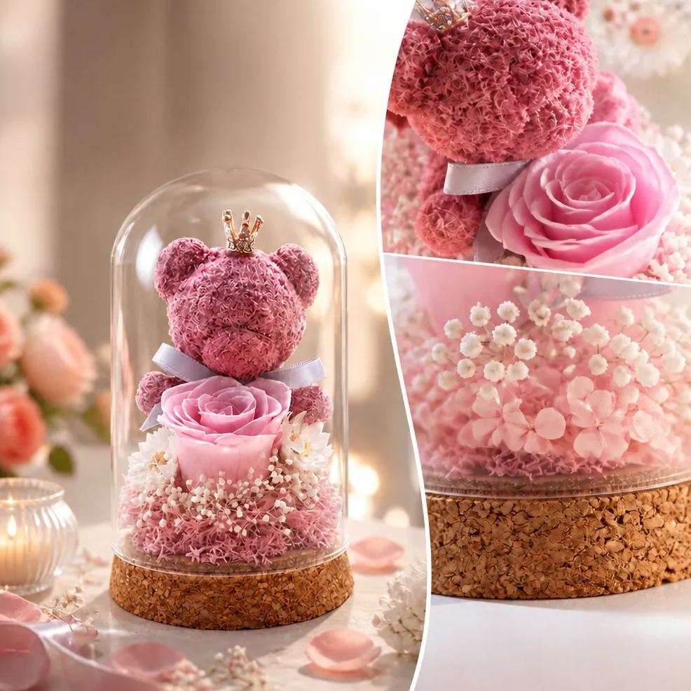 Cupola In Vetro Con Orsetto Muschioso E Rosa Eterna – Regalo Romantico Per Festival, Decorazione Floreale Stabilizzata, Regalo Per San Valentino, Compleanno E Festa Della Mamma - mymoonlampit
