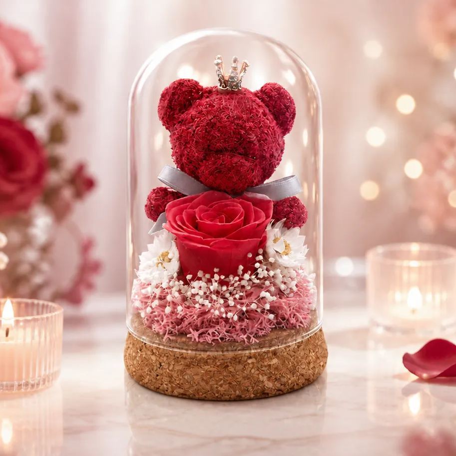 Cupola In Vetro Con Orsetto Muschioso E Rosa Eterna – Regalo Romantico Per Festival, Decorazione Floreale Stabilizzata, Regalo Per San Valentino, Compleanno E Festa Della Mamma - mymoonlampit