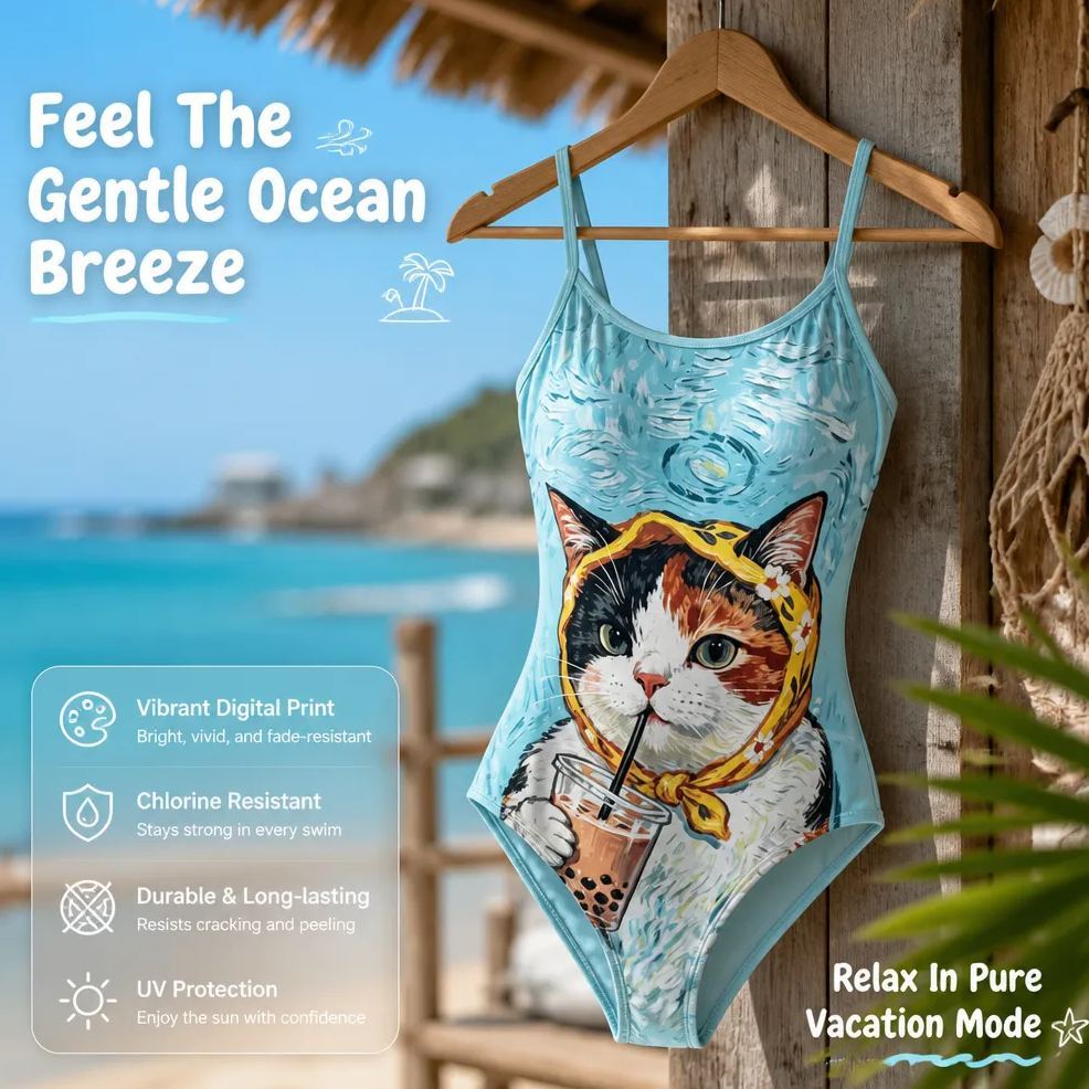 Costume Intero Da Donna Con Stampa Di Gatti Carini - Monokini In Nylon Fresco Estivo, Costumi Da Bagno Da Spiaggia E Piscina - mymoonlampit